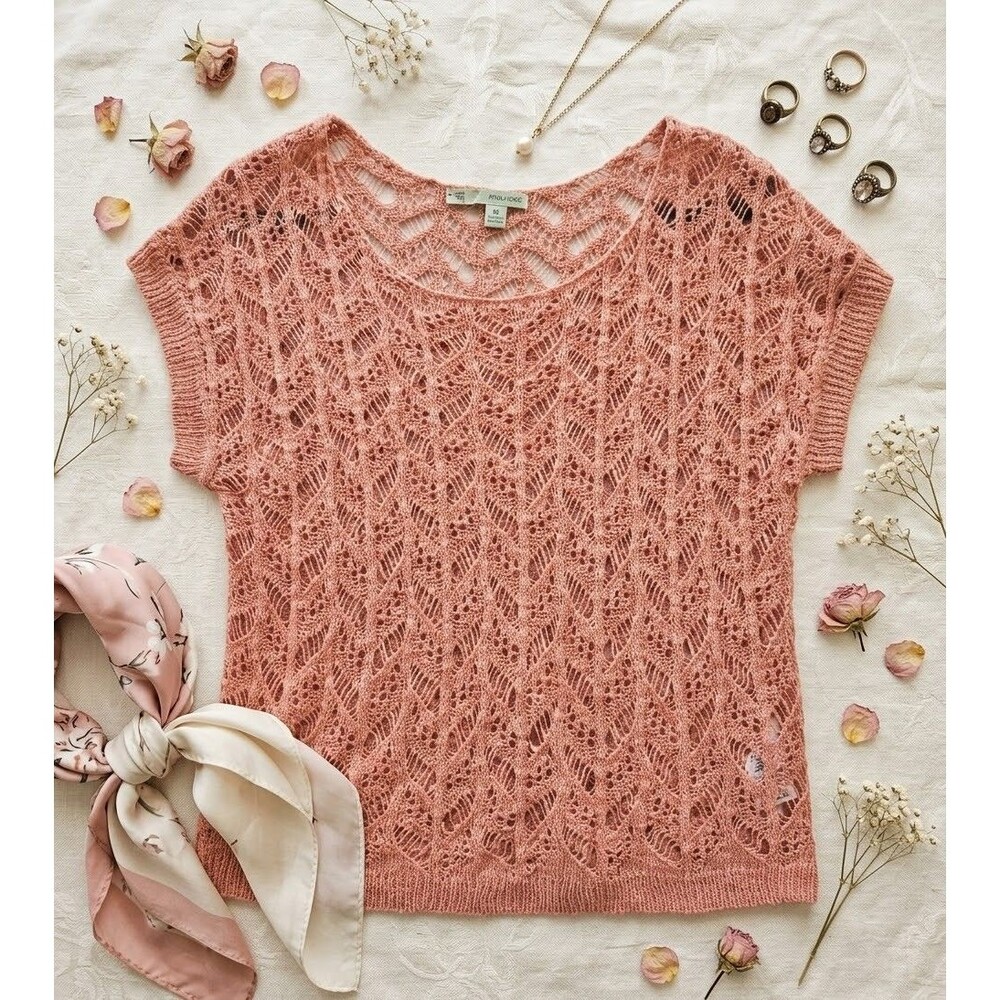 Maurices Women M Peach Short Sleeve Open Knit Sweater Pointelle Crochet Top Boho
